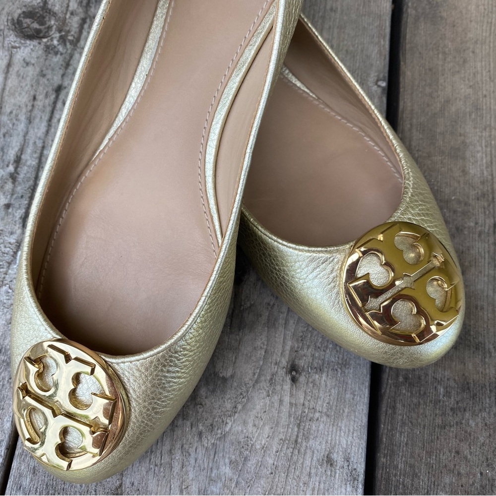 Tory Burch Gold Leather Ballet Flats Classic Logo Slip-on Size 6.5